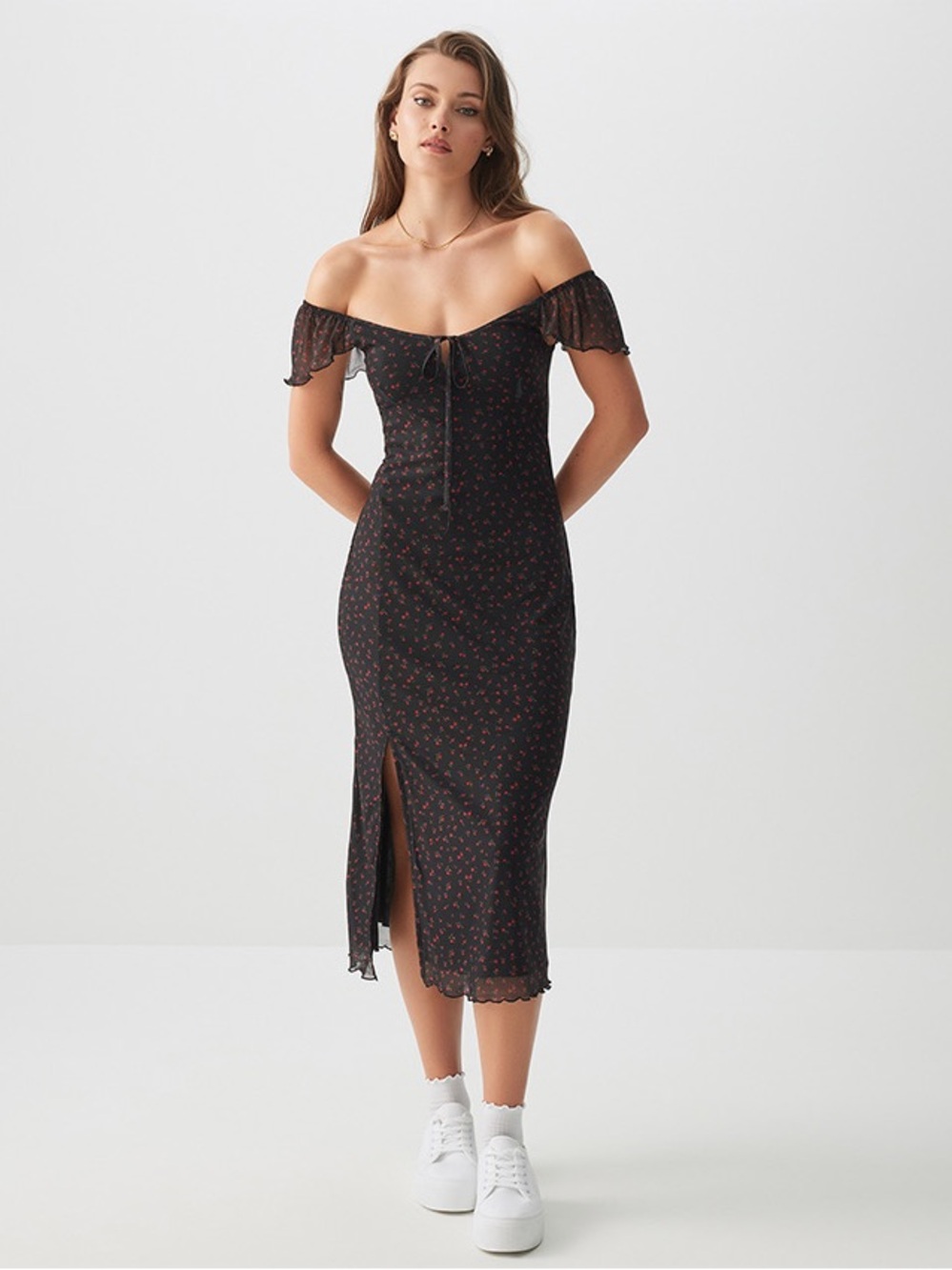 Ardene Mesh Floral Midi Dress Size XS Ruched Slit Coquette Cottagecore - Picture 12 of 14